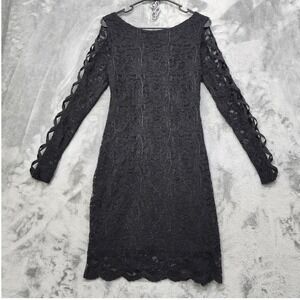 Jump Apparel Dress Womens L Black Lace Long Sleeve Criss Cross V-Back Bodycon